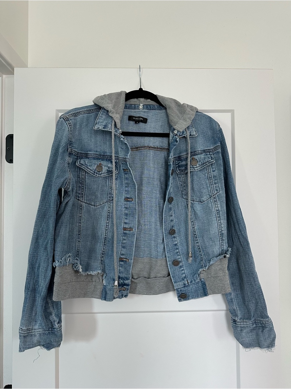 Black Label Light Blue Denim Jacket with Gray Hood and Trim